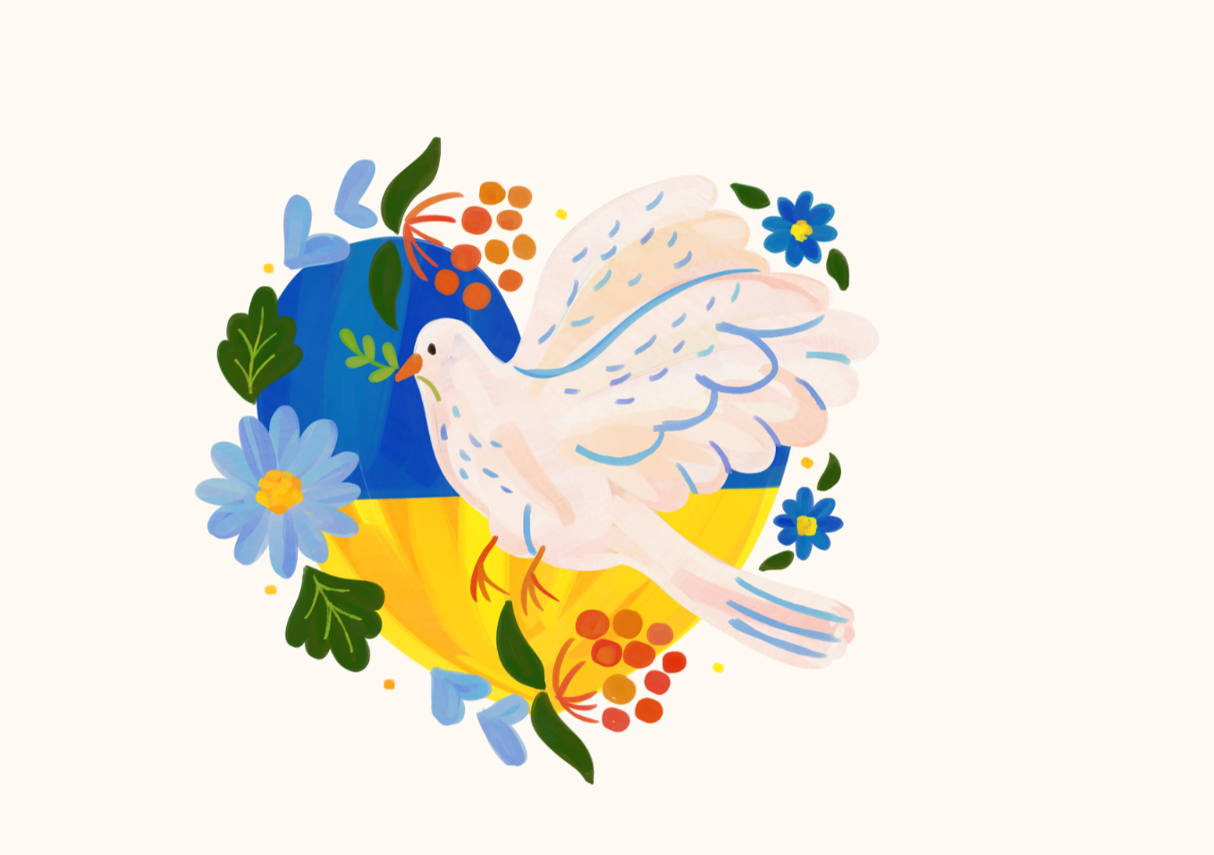 Illustration: Friedenstaube über einem Herz in den Farben der Ukraine